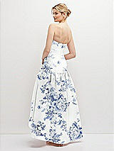 Rear View Thumbnail - Cottage Rose Larkspur Strapless Fitted Floral Satin High Low Dress with Shirred Ballgown Skirt