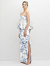 Side View Thumbnail - Cottage Rose Larkspur Floral Strapless Satin Maxi Dress with Cascade Ruffle Peplum Detail