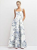 Front View Thumbnail - Cottage Rose Larkspur Floral Lace-Up Back Bustier Satin Dress with Full Skirt and Pockets