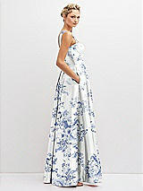 Side View Thumbnail - Cottage Rose Larkspur Floral Lace-Up Back Bustier Satin Dress with Full Skirt and Pockets