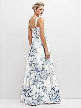 Rear View Thumbnail - Cottage Rose Larkspur Floral Lace-Up Back Bustier Satin Dress with Full Skirt and Pockets