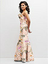 Side View Thumbnail - Butterfly Botanica Pink Sand Floral Strapless Satin Fit and Flare Dress with Crumb-Catcher Bodice