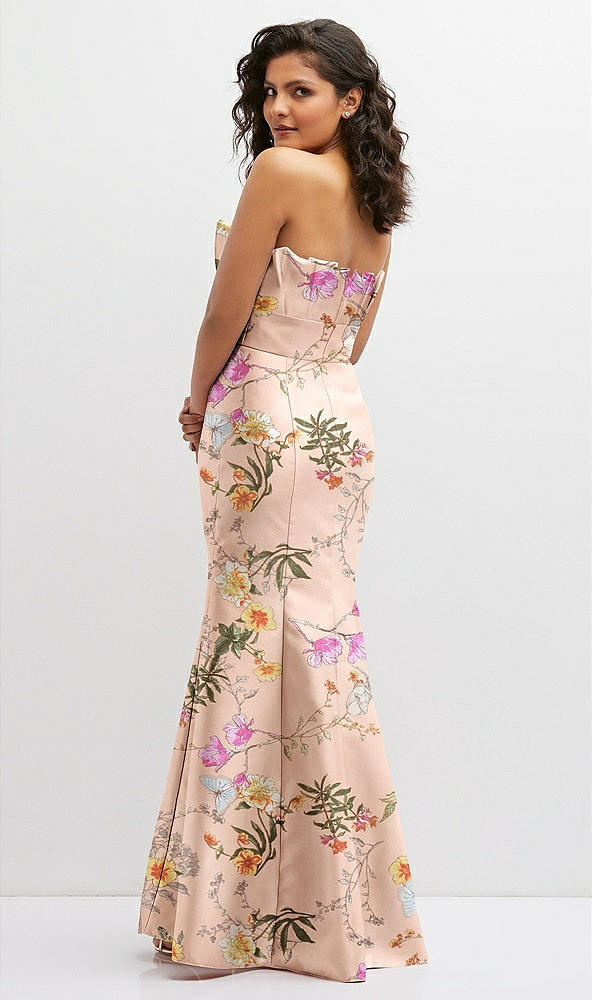 Back View - Butterfly Botanica Pink Sand Floral Strapless Satin Fit and Flare Dress with Crumb-Catcher Bodice