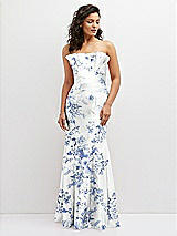 Front View Thumbnail - Cottage Rose Larkspur Floral Strapless Satin Fit and Flare Dress with Crumb-Catcher Bodice