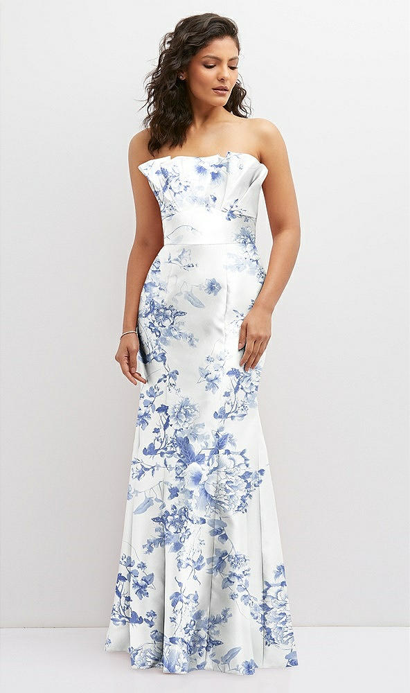 Front View - Cottage Rose Larkspur Floral Strapless Satin Fit and Flare Dress with Crumb-Catcher Bodice