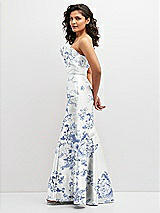 Side View Thumbnail - Cottage Rose Larkspur Floral Strapless Satin Fit and Flare Dress with Crumb-Catcher Bodice