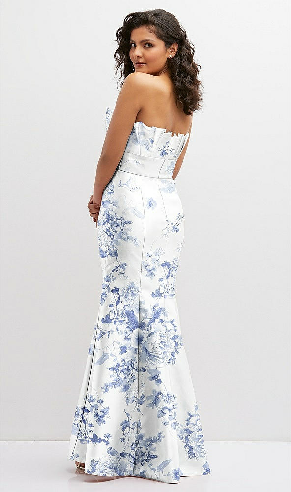 Back View - Cottage Rose Larkspur Floral Strapless Satin Fit and Flare Dress with Crumb-Catcher Bodice