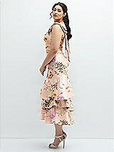 Front View Thumbnail - Butterfly Botanica Pink Sand Floral Bow-Shoulder Satin Midi Dress with Asymmetrical Tiered Skirt