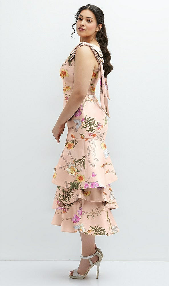 Front View - Butterfly Botanica Pink Sand Floral Bow-Shoulder Satin Midi Dress with Asymmetrical Tiered Skirt