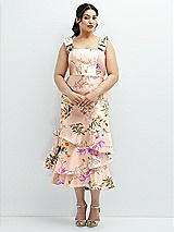 Side View Thumbnail - Butterfly Botanica Pink Sand Floral Bow-Shoulder Satin Midi Dress with Asymmetrical Tiered Skirt