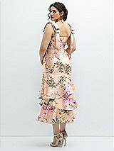 Rear View Thumbnail - Butterfly Botanica Pink Sand Floral Bow-Shoulder Satin Midi Dress with Asymmetrical Tiered Skirt
