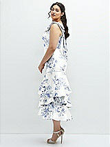 Front View Thumbnail - Cottage Rose Larkspur Floral Bow-Shoulder Satin Midi Dress with Asymmetrical Tiered Skirt