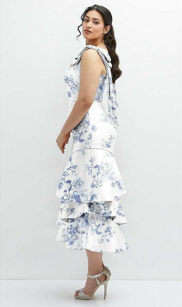 Front View - Cottage Rose Larkspur Floral Bow-Shoulder Satin Midi Dress with Asymmetrical Tiered Skirt