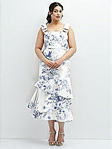 Side View Thumbnail - Cottage Rose Larkspur Floral Bow-Shoulder Satin Midi Dress with Asymmetrical Tiered Skirt