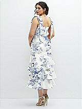 Rear View Thumbnail - Cottage Rose Larkspur Floral Bow-Shoulder Satin Midi Dress with Asymmetrical Tiered Skirt