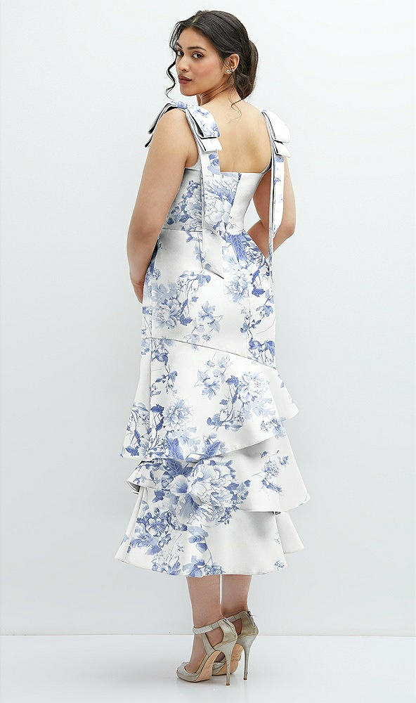 Back View - Cottage Rose Larkspur Floral Bow-Shoulder Satin Midi Dress with Asymmetrical Tiered Skirt