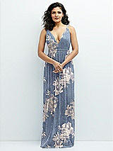 Front View Thumbnail - French Blue Gold Foil Plunge V-Neck Metallic Pleated Maxi Dress with Floral Gold Foil Print