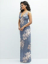 Side View Thumbnail - French Blue Gold Foil Plunge V-Neck Metallic Pleated Maxi Dress with Floral Gold Foil Print