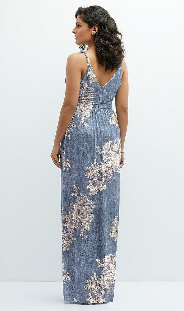 Back View - French Blue Gold Foil Plunge V-Neck Metallic Pleated Maxi Dress with Floral Gold Foil Print