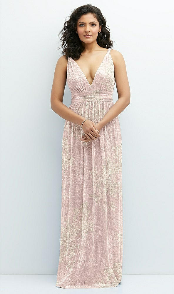 Front View - Pink Gold Foil Plunge V-Neck Metallic Pleated Maxi Dress with Floral Gold Foil Print