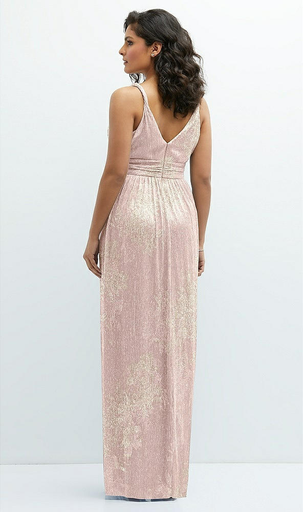 Back View - Pink Gold Foil Plunge V-Neck Metallic Pleated Maxi Dress with Floral Gold Foil Print