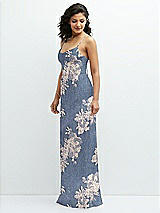 Side View Thumbnail - French Blue Gold Foil Soft Cowl Neck Metallic Pleated Maxi Dress with Floral Gold Foil Print
