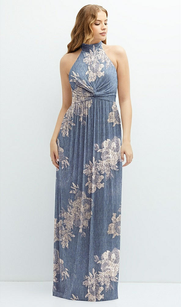 Front View - French Blue Gold Foil Band Collar Halter Open-Back Metallic Pleated Maxi Dress with Floral Gold Foil Print