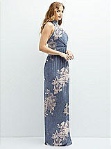 Side View Thumbnail - French Blue Gold Foil Band Collar Halter Open-Back Metallic Pleated Maxi Dress with Floral Gold Foil Print