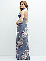 Rear View Thumbnail - French Blue Gold Foil Band Collar Halter Open-Back Metallic Pleated Maxi Dress with Floral Gold Foil Print