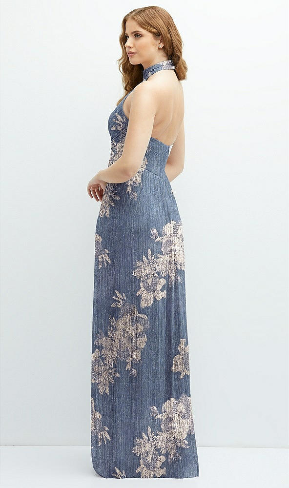 Back View - French Blue Gold Foil Band Collar Halter Open-Back Metallic Pleated Maxi Dress with Floral Gold Foil Print