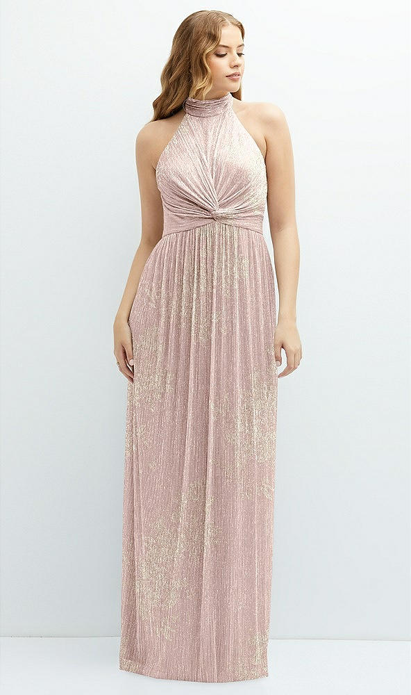 Front View - Pink Gold Foil Band Collar Halter Open-Back Metallic Pleated Maxi Dress with Floral Gold Foil Print