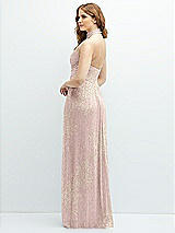 Rear View Thumbnail - Pink Gold Foil Band Collar Halter Open-Back Metallic Pleated Maxi Dress with Floral Gold Foil Print