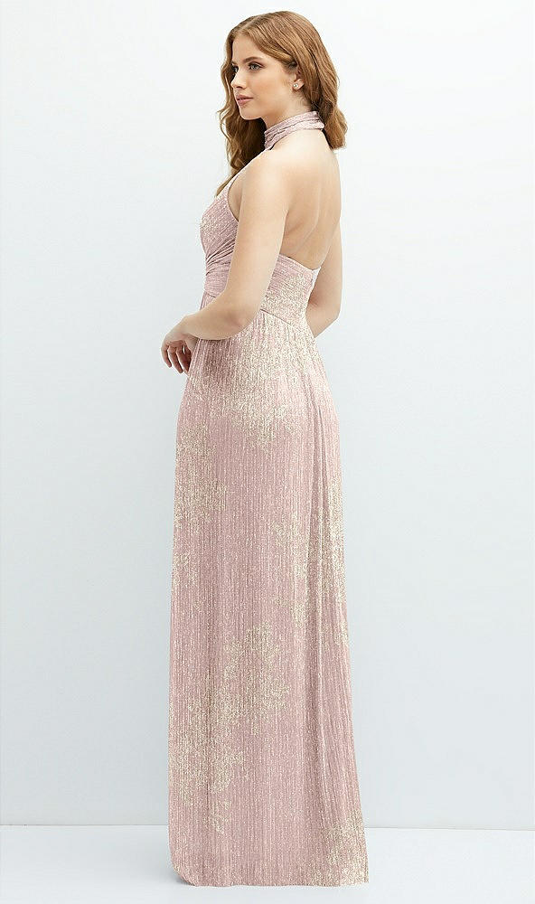 Back View - Pink Gold Foil Band Collar Halter Open-Back Metallic Pleated Maxi Dress with Floral Gold Foil Print
