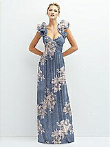 Alt View 1 Thumbnail - French Blue Gold Foil Dramatic Ruffle Edge Convertible Strap Metallic Pleated Maxi Dress with Floral Gold Foil Print