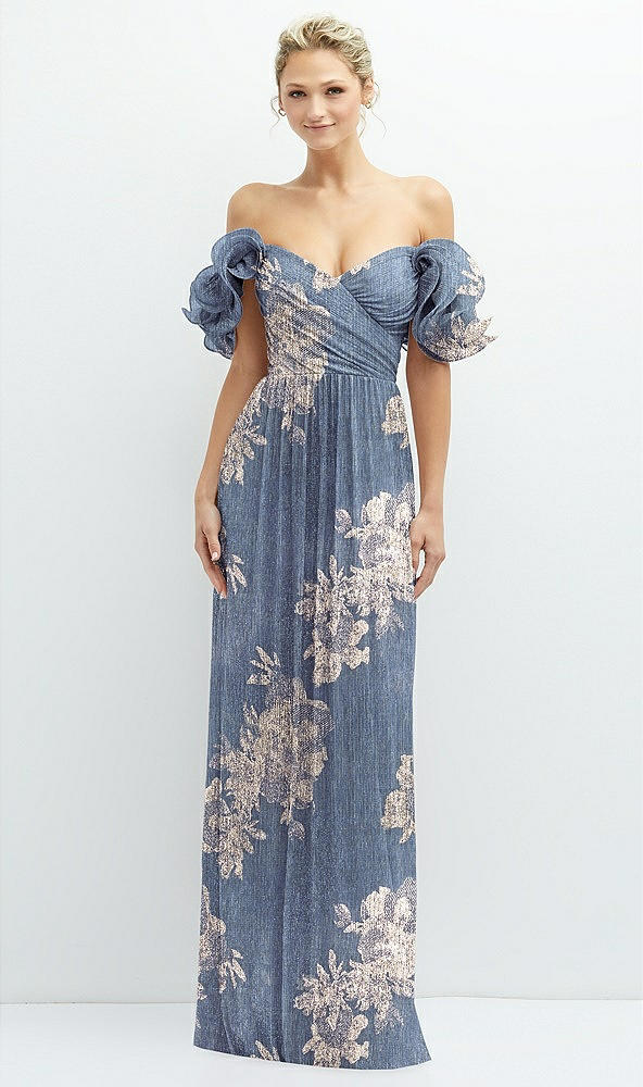 Front View - French Blue Gold Foil Dramatic Ruffle Edge Convertible Strap Metallic Pleated Maxi Dress with Floral Gold Foil Print