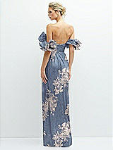Rear View Thumbnail - French Blue Gold Foil Dramatic Ruffle Edge Convertible Strap Metallic Pleated Maxi Dress with Floral Gold Foil Print