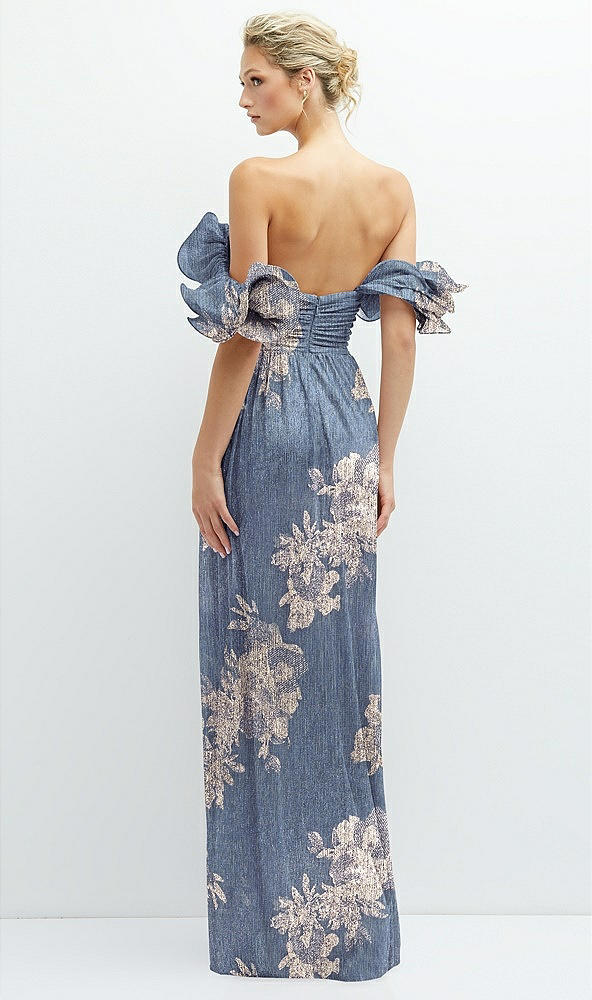Back View - French Blue Gold Foil Dramatic Ruffle Edge Convertible Strap Metallic Pleated Maxi Dress with Floral Gold Foil Print