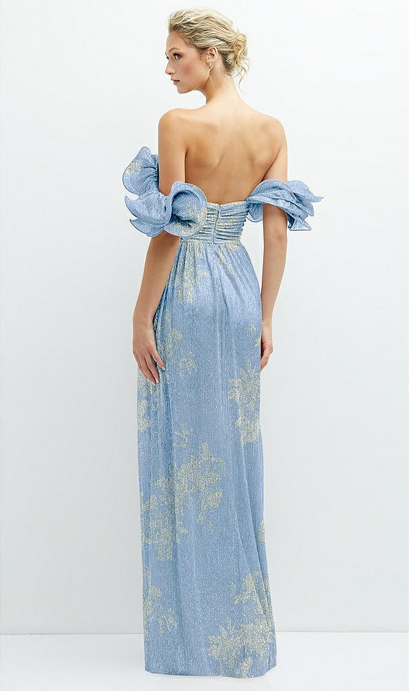 Back View - Larkspur Gold Foil Dramatic Ruffle Edge Convertible Strap Metallic Pleated Maxi Dress with Floral Gold Foil Print