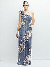 Front View Thumbnail - French Blue Gold Foil Dramatic Ruffle Edge One-Shoulder Metallic Pleated Maxi Dress with Floral Gold Foil Print
