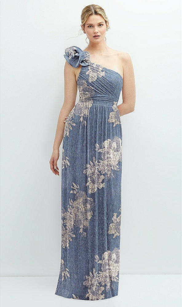 Front View - French Blue Gold Foil Dramatic Ruffle Edge One-Shoulder Metallic Pleated Maxi Dress with Floral Gold Foil Print