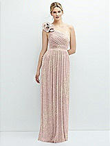 Front View Thumbnail - Pink Gold Foil Dramatic Ruffle Edge One-Shoulder Metallic Pleated Maxi Dress with Floral Gold Foil Print