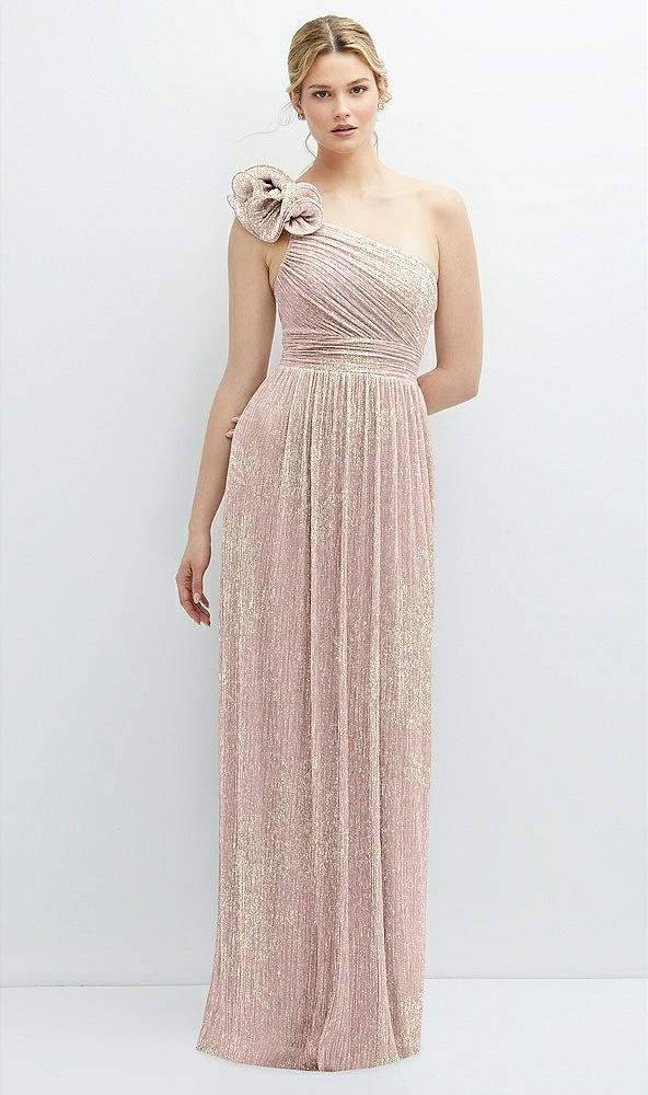 Front View - Pink Gold Foil Dramatic Ruffle Edge One-Shoulder Metallic Pleated Maxi Dress with Floral Gold Foil Print