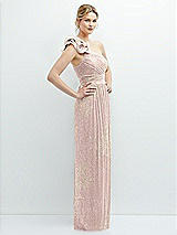 Side View Thumbnail - Pink Gold Foil Dramatic Ruffle Edge One-Shoulder Metallic Pleated Maxi Dress with Floral Gold Foil Print