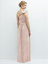 Rear View Thumbnail - Pink Gold Foil Dramatic Ruffle Edge One-Shoulder Metallic Pleated Maxi Dress with Floral Gold Foil Print