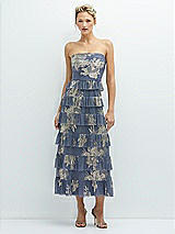 Front View Thumbnail - French Blue Gold Foil Ruffle Tiered Skirt Metallic Pleated Strapless Midi Dress with Floral Gold Foil Print