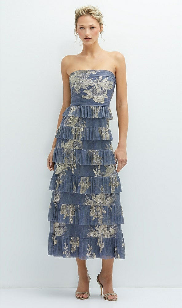 Front View - French Blue Gold Foil Ruffle Tiered Skirt Metallic Pleated Strapless Midi Dress with Floral Gold Foil Print