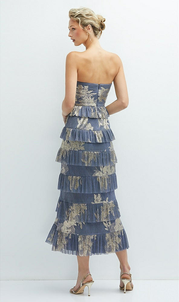 Back View - French Blue Gold Foil Ruffle Tiered Skirt Metallic Pleated Strapless Midi Dress with Floral Gold Foil Print