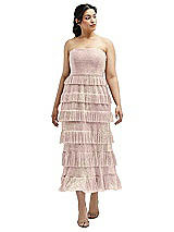 Front View Thumbnail - Pink Gold Foil Ruffle Tiered Skirt Metallic Pleated Strapless Midi Dress with Floral Gold Foil Print