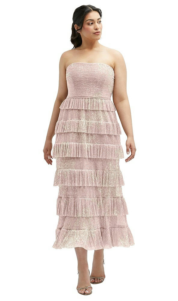 Front View - Pink Gold Foil Ruffle Tiered Skirt Metallic Pleated Strapless Midi Dress with Floral Gold Foil Print