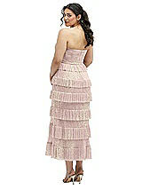 Rear View Thumbnail - Pink Gold Foil Ruffle Tiered Skirt Metallic Pleated Strapless Midi Dress with Floral Gold Foil Print